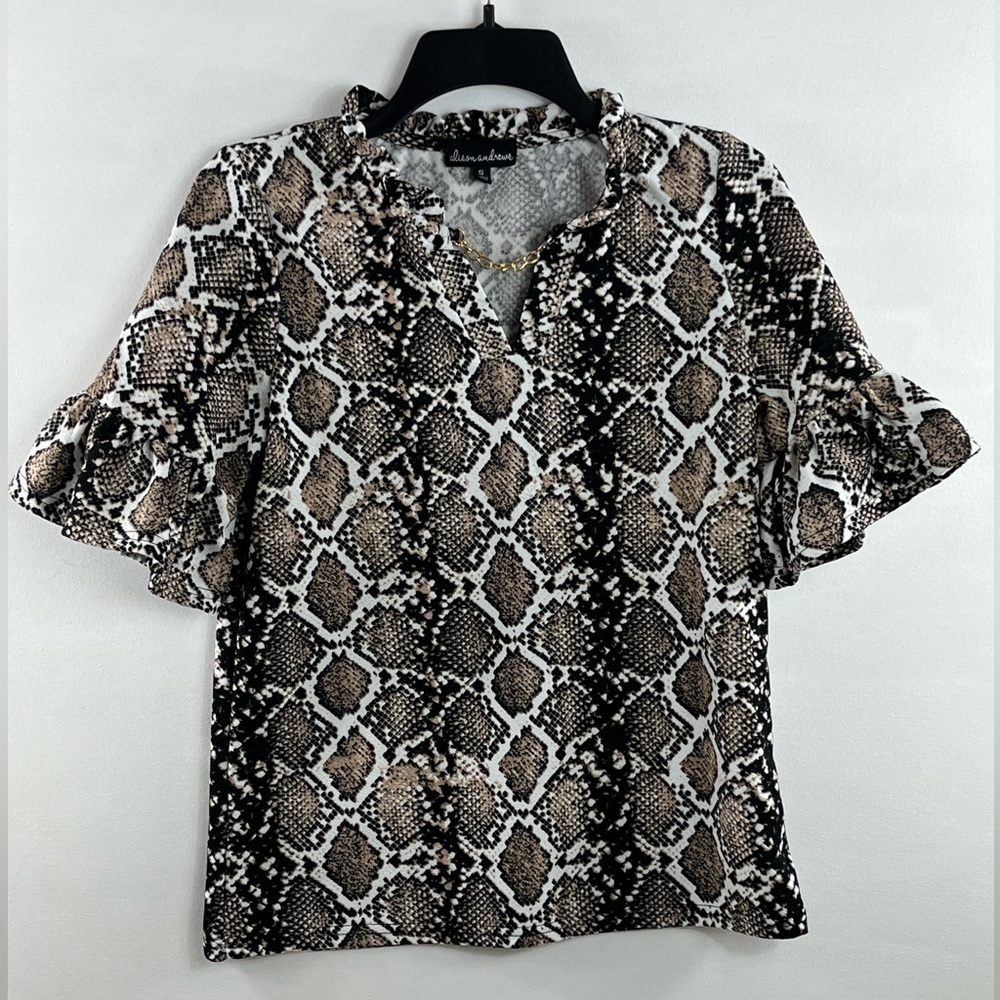 Alison Andrew’s Snake Skin Patterned Blouse Flounce Short Sleeves Brown Sz S